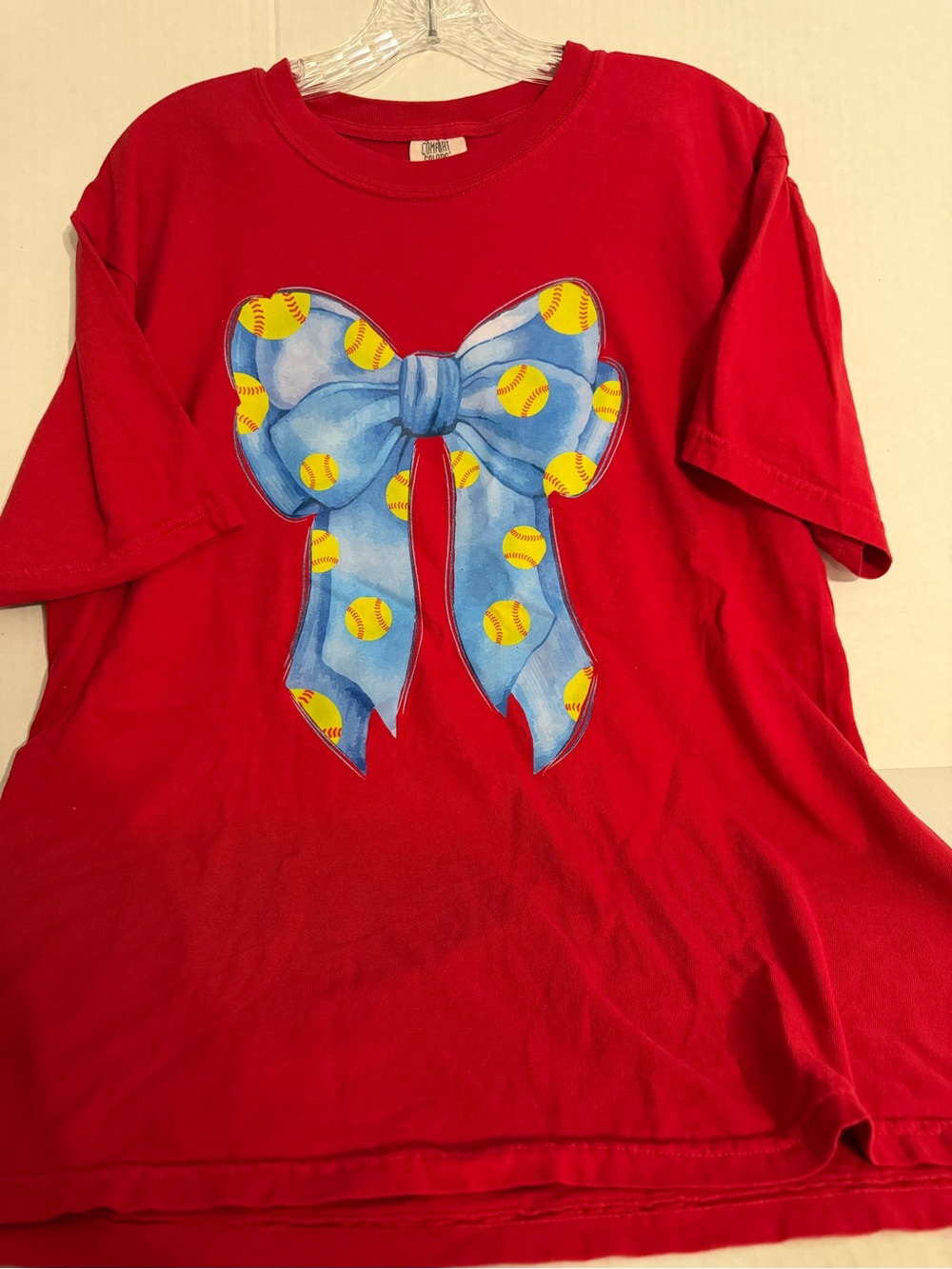 Comfort Colors Red Short Sleeve Tee with Blue Bow & Yellow Softball Print